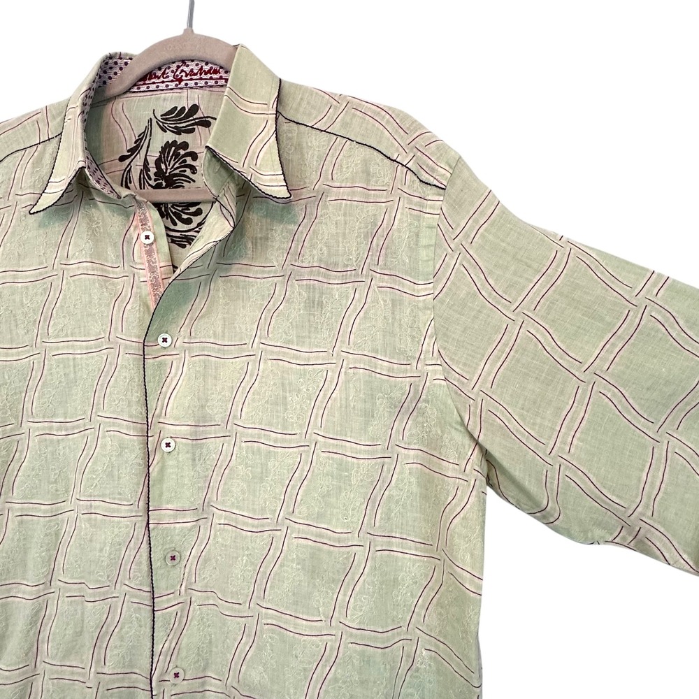Robert Graham Embroidered Linen Blend Button Down Shirt Green Purple Mens Large - Picture 11 of 15